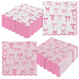 50pcs Pink Bow Napkins Bow Scalloped Napkins Birthday Party Decorations Coquette White Pink Theme Disposable Paper Napkin for Women Girls Bachelorette Bridal Engagement Party Supplies Decor