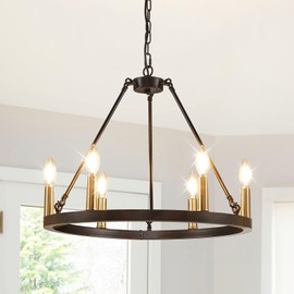 Black and Gold Chandelier, 6-Light Wagon Wheel Chandelier, 20.7" Farmhouse Dining Room Light Fixture, Kitchen Island Light Fixtures, Round Rustic Chandelier for Bedroom, Foyer, Staircase, Entryway