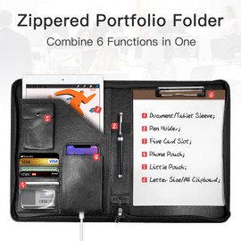 Zippered Padfolio Organizer, WRIYES Leather Planner Binder, 10.2 Inch Portfolio Folder for Documents, Letter Size Business Card Holder for Men&Women (Black)