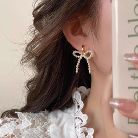 Pearl Bow Earrings for Women Trendy Gold Pearl Drop Earrings Dainty Bow Pearl Hoop Earrings Elegant Pearl Hoops Earrings Wedding Prom Party Jewelry
