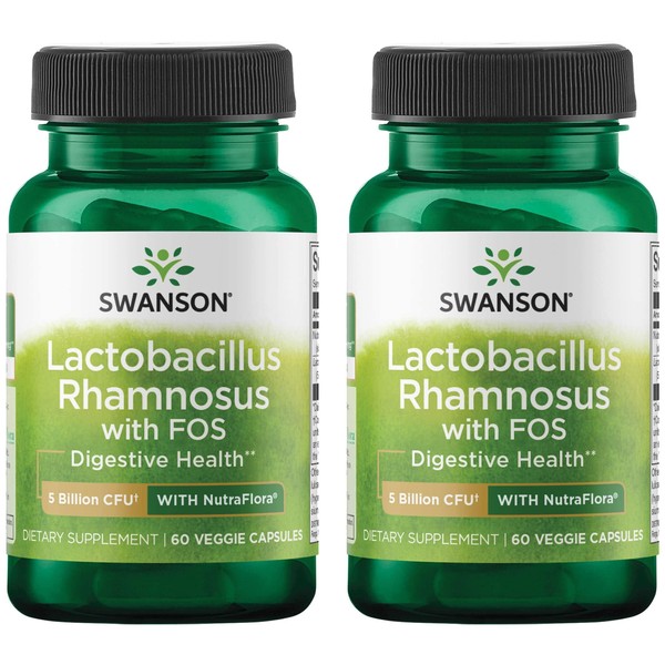 Swanson Lactobacillus Rhamnosus with FOS - Probiotic Supplement Supports Digestive Health - 5 Billion CFU - (60 Veggie Caps) 2 Pack