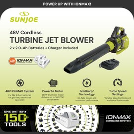 Sun Joe Cordless Brushless Turbine Jet Blower Kit with 2 Batteries & Charger, 24V, 133 MPH - Portable and Lightweight Battery-Powered Electric Equipment for Lawn, Garden, and Yard Care, 24V-X2-JB500