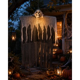 Hanging Skeleton Ghost for Halloween Decor – Gauze Skull Prop with Optional Glow Effect for Porch, Garden & Haunted House Displays