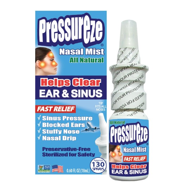 Pressureze Nasal Spray - All Preservative-Free Sterile - Relief Nasal Spray - for Congestion Blocked Ears Loud Snoring | 130 Sprays, 18 ml