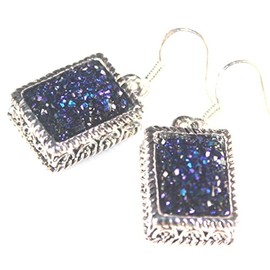 SILVER Vintage Style Royal Blue RainbowTitanium Druzy Rectangular Earrings