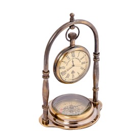 TREASURE GIFT Antique Brass Table Clock Compass | Vintage Nautical Design, Elegant Home or Office Décor