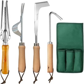 Gardening Manual Weeder Tool Set, 4 Pcs Stainless Steel Crack Weeder Crevice Weeding, Lawn Uprooting Weeding Tool,Weed Digger,Weed Pulling Tool for Deep Roots - Extra Garden Kneeler Bag