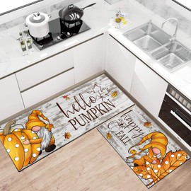 Faptoena Fall Kitchen Rugs Set of 2,Pumpkin Gnomes Leaf Thanksgiving Floor Mats and Rugs Non Skid Washable for Kitchen Home Decor,Fall Farmhouse Decorations and Accessories (17"x47"+17"x30")