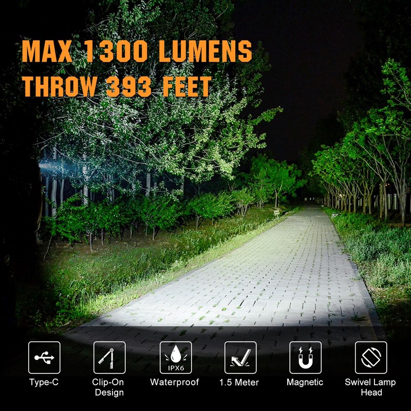 VTIGER C1 Rechargeable EDC Flashlight Clip-on Light, 1300 Lumens Powerful