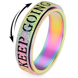 Fidget Toys Adults Anxiety Ring for Women: Fidget Spinner Cute Keep Going Symbol Thumb Ring Stainless Steel Gold Silver Black Size 5 6 7 8 9 10 (Rainbow Keep Going, 8)