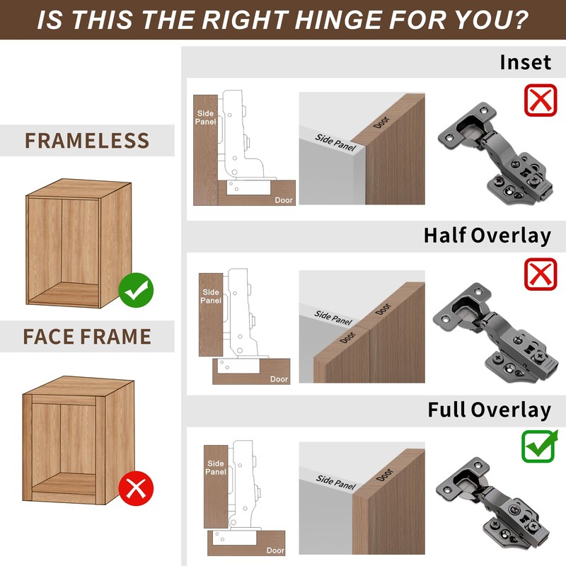 6 Pack Full Overlay Soft Close Cabinet Hinges 105° Frameless