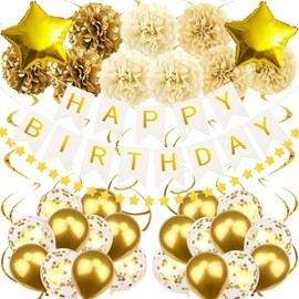 Recosis Gold Birthday Party Decorations, Happy Birthday Banner Paper Pompoms Confetti Balloons Garland for Boys Gilrs Women Men 6th 18th 21th 30th 40th 50th 60th 70th Birthday Decorations