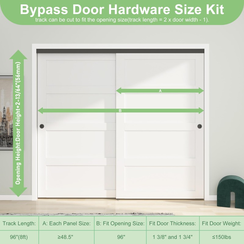 BarnBase 8FT/96(Double 4FT) Bypass Door Hardware, Aluminum Double-Closing Sliding Closet