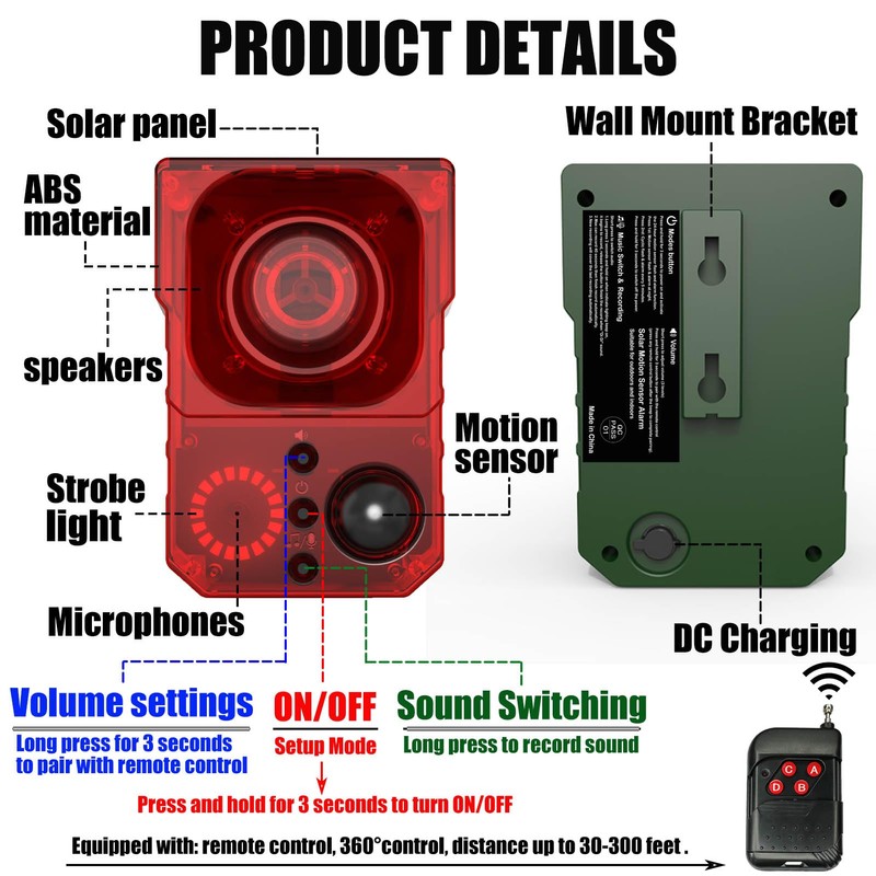 Solar Outdoor Motion Sensor Alarm - Noise maker129dB Alarm, Recording,