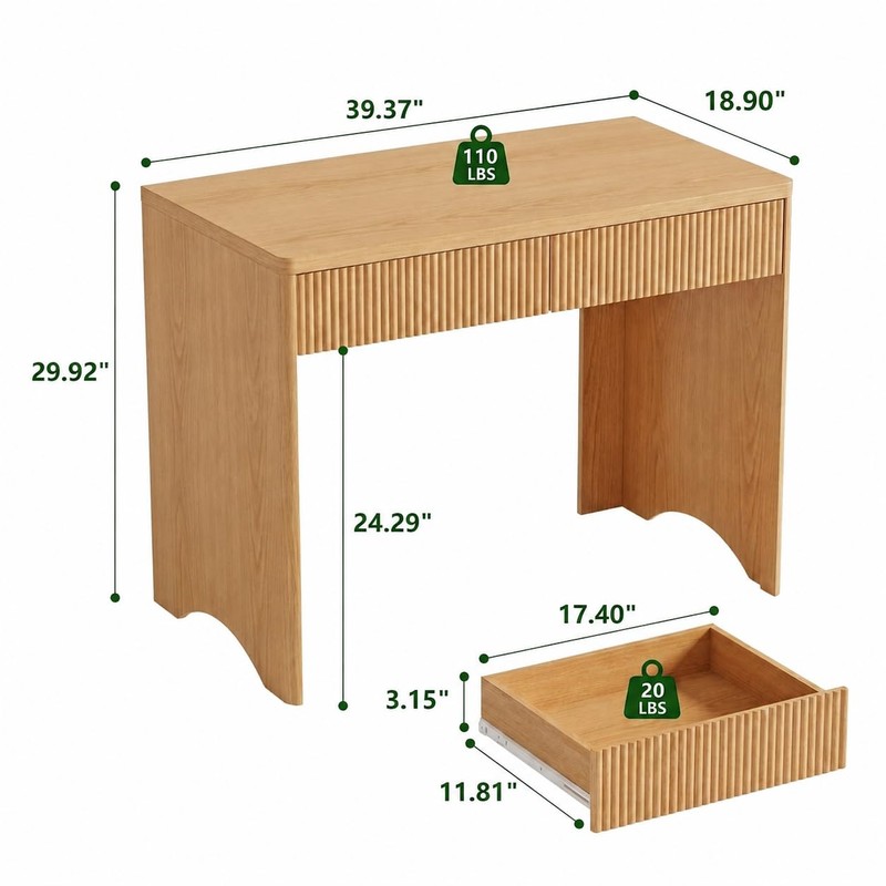 40 Inch Fluted Desk with 2 Drawers, Modern Wooden Desk