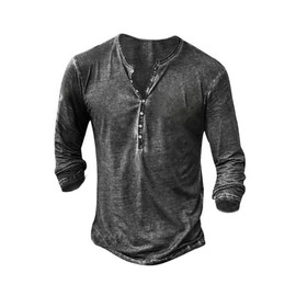 Mens Distressed Henley Shirts Retro Long Sleeve Tee Shirts Casual Button Down Washed T-Shirts for Men Grey