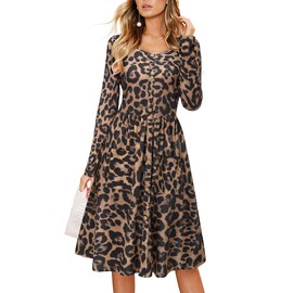 KILIG Womens Casual Long Sleeve Dresses Button Swing Knee Length Dress with Pockets(D22-Leopard, Small)