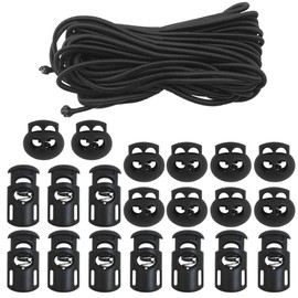 20 PCS Plastic Cord Locks & Elastic Bungee Nylon Shock Cord 5/32" 50 ft Lengths, SourceTon 10 PCS Sing-Hole, 10 PCS Double-Hole (Black) End Spring Toggle Stopper Slider with Crafting Stretch String
