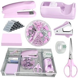 Purple Office Desk Accessories, Purple Office Supplies Set, Desk Drawer Organizer,Stapler and Tape Dispenser Set,Tape,Staple Remover, Staples, Paper Clips, Scissor and Sticky Note (Purple)