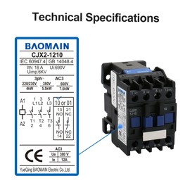Baomain 3-Pole AC Contactor CJX2-1210 – 24VAC Coil, 3NO+1NO Auxiliary, 660V 3-Phase, DIN Rail Mount