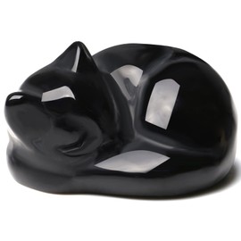 QINJIEJIE Black Obsidian Cat Crystals Figurine Sleeping Cat Decor Healing Stone Statue Gift Polished Carved Gemstones Sculpture Office Home Desk Lucky Kitten Cute Decoration for Cat Lover Men Women