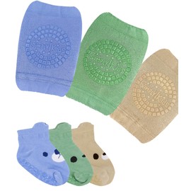 Anti-Slip Baby Knee Pads and Socks Set for Crawling and Walking (6 Pairs, 6-18 Months) I Toddler Socks with Grippers and Crawling Knee Pads for Infant Boys Girls (Boys)