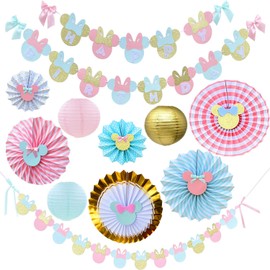 11pcs Pink Blue Glitter Gold Minnie And Mouse Birthday Party Supplies Minnie Bow Birthday Banner, Minnie Garland, Lanterns,Minnie Bow Paper Fan for Birthday Baby Shower Decor