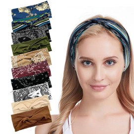 GOTRUST 10 x Boho Headbands, Women's Sports Wide Elastic Headbands, Criss Cross Hair Band, Knotted Hair Bands, Not Easy to Slip Off for School, Yoga, Fitness, Leisure