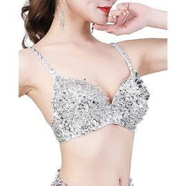 Aelidiya Women's Sequin Beads Bra Crop Dance Top Belly Dance Festival Club Tribal Tops Silver