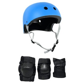 Skateboard Helmet and Pads Combo Includes Helmet, Knee Pads, Elbow Pads, Wrist Guards - Choose Size and Color Cyan Blue L