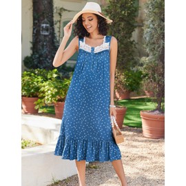 Ekouaer Moo Moos For Women Nightgowns Victorian Long Sleeveless Night Gown with Pockets Lace Trim Button Up Nightdress Sleepwear