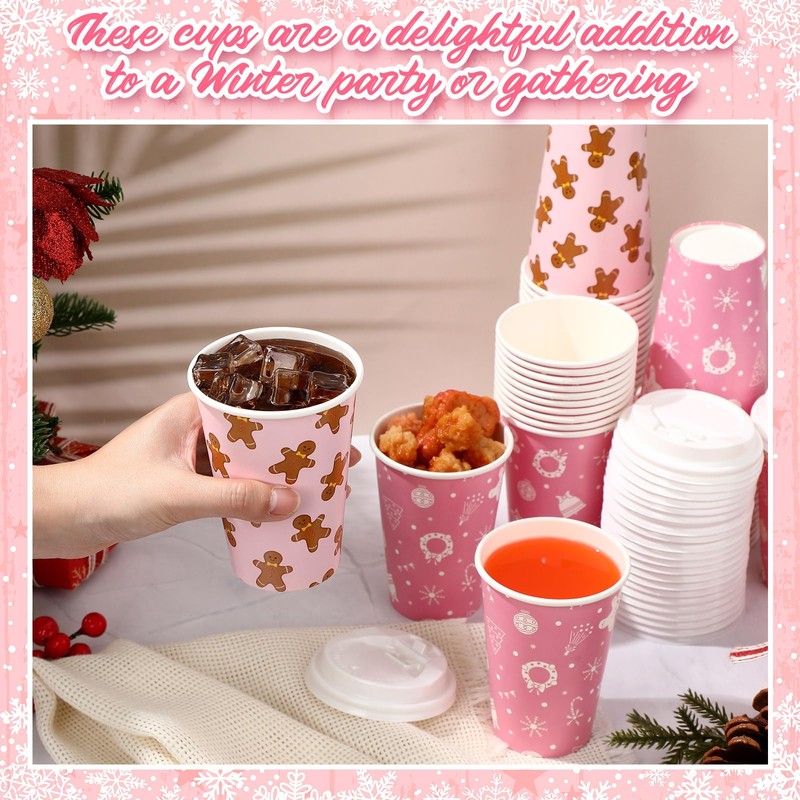 60 Pack Pink Christmas Disposable Coffee Cups with Lids 12