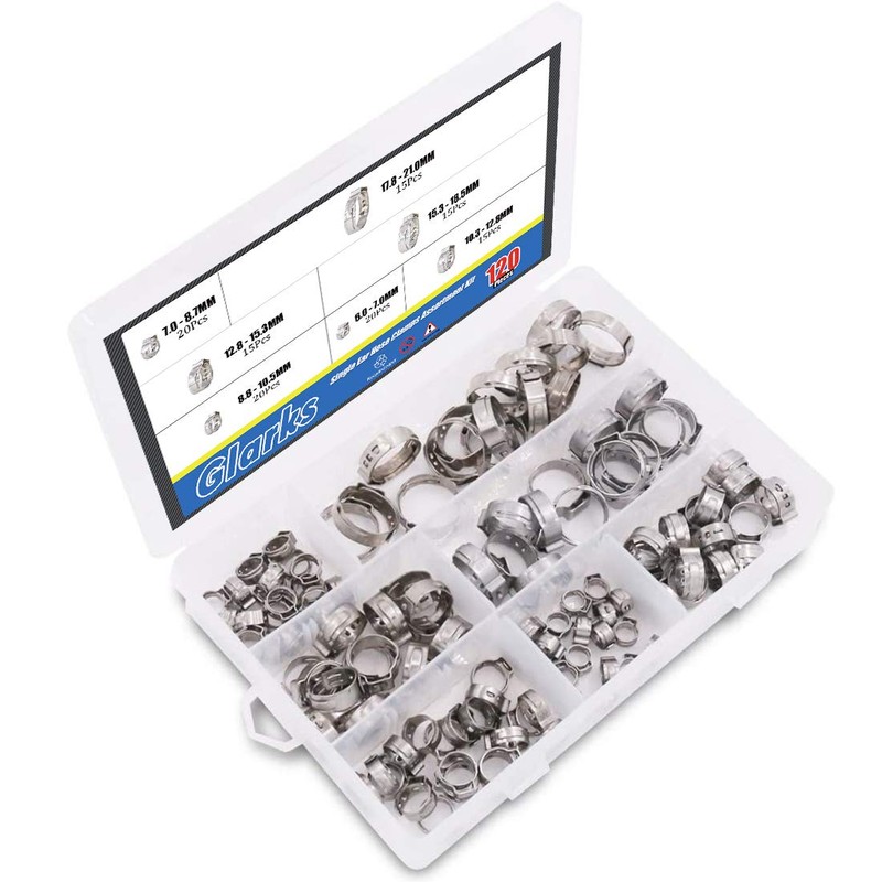 Glarks 120Pcs 7-21mm 304 Stainless Steel Single Ear Hose Clamps