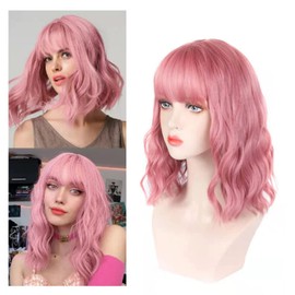 POCREATION Peluca Rizada Sintética Multiusos con Flequillo para Mujer: Peluca de Pelo Corto Ondulado, y Transpirable, Gorra Ajustable, Adecuada para la Vida Diaria, Actividades (Rosa