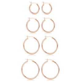 4 Pairs Hoop Earrings for Women, 18K Rose Gold Plated Earring Hoops 925 Sterling Silver Hypoallergenic Round Tube Rose Gold Small Hoops Set for Women Men Girls Gift 15mm/20mm/25mm/30mm (Rose Gold)