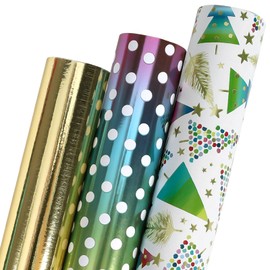 LaRibbons Foil Christmas Wrapping Paper Rolls with Gridlines, Christmas Tree Shapes/Polka Dot/Matte Gold Design for Holidays, Parties, 17 Inch 10 Feet(3 Rolls:42.3sq.ft.ttl)