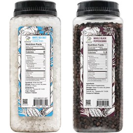 Soeos Himalayan Sea Salt, 39 oz (2.4 lb) + Whole Black Peppercorns, 18oz (1.1 lb) White Himalayan Salt Coarse Grain, Whole Black Peppercorns, White Salt in Grinder, Salt and Pepper Refill