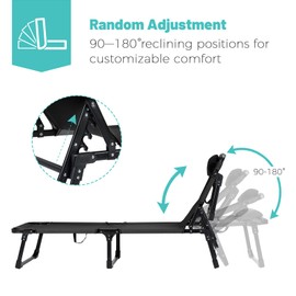 LAJOSON Camping Adjustable Folding Bed, Outdoor Portable Folding Chaise Lounge Chair for Beach, Sunbathing, Patio, Pool, Lawn, Deck with Pillow,Black