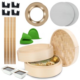 Gourmet-Heaven Bamboo Steamer Basket Kit, 2 Tier- 10 Inch Diameter for Cooking Dumplings, Momo and Bao Buns, Asian and Chinese Food- Silicone Pot, Adapter Ring, Steaming Liners, Dim Sum, Soup Steamer