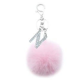 Xsclpomddy Silver Alphabet Keychain Artificial Fur Pink Pom Pom Rhinestone Crystal Letter Key Rings for Women,pink N