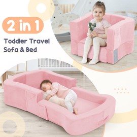 whiffee Toddler Travel Bed, 2-in-1 Foldable Portable Toddler Bed Sofa Chair, Soft Baby Kids Travel Floor Cot with Washable Covers Safety Foam Raised Bumper for Camping Hotel Sleeping