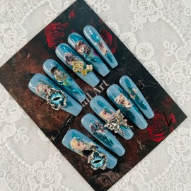 Press on Nails Handmade Nails 10Pcs Dark Gothic Style Manual Press on Nails Blue Sculpture Fake Nails for Women Party Holiday Photo 4.0CM Size M