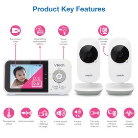 VTech VM819-2 Baby Monitor, 2.8” Screen, 2 Cameras, 1000ft Range, Night Vision, 2-Way Audio, Temperature Sensor, Lullabies, Secured Transmission No WiFi