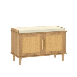 Akxomel Rattan Shoe Storage Bench with Cushion, 2-Tier Entryway Bench with Adjustable Shelves and 2 Doors, 15" D x 31.5" W x 20" H, Solid Wood Legs, for Hallway, Living Room, Bedroom, Natural Oak