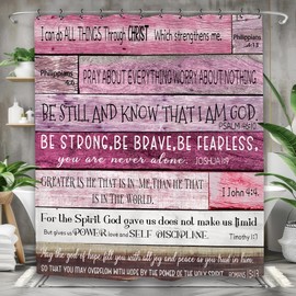 Yookeb Bible Verse Christian Bathroom Shower Curtain 60W by 71H Inch Quotes Inspirational Motivational Positive Farmhouse Rustic Scripture Wood Wooden 12 Plastic Hooks Waterproof Decor