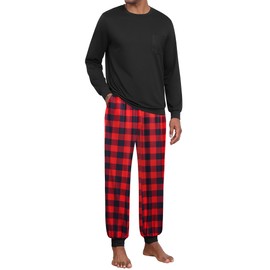 Ekouaer Men's Long Soft Pyjamas Nightwear Set with Pocket and Cuffs S-XXXL, Black + red, M