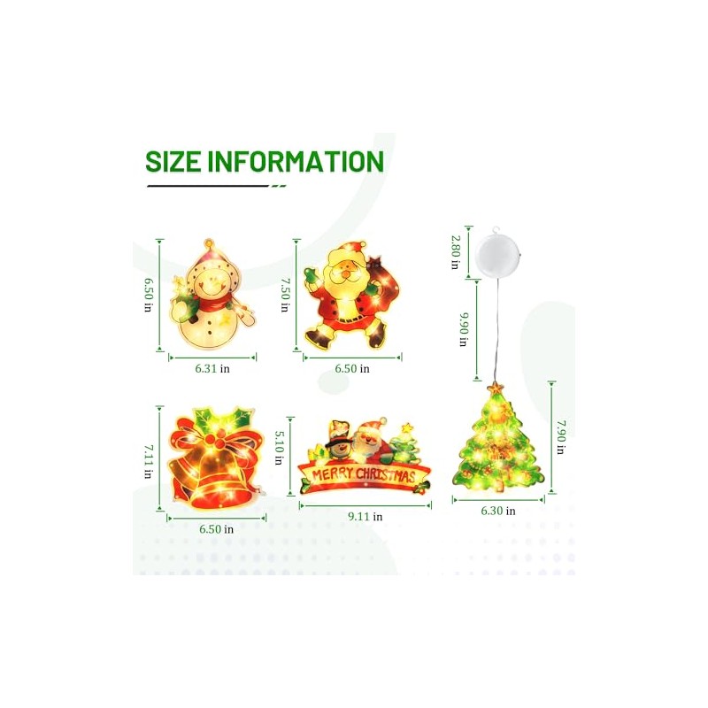 5PCS Window Christmas Decoration Lights, Battery Operated with Suction Cup