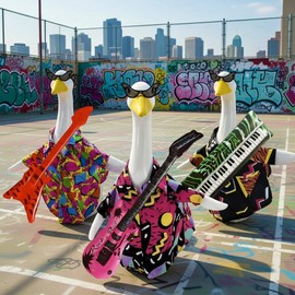 MZU Funny Retro Porch Goose Outfit for 17/23 Inch Lawn Geese, 80s 90s Hawaiian Beach Disco Goose Clothes with Sunglasses & Instrument Accessories