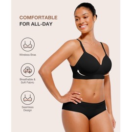 Lover-Beauty Wireless Bras for Women Push Up, Seamless Bralettes Full Coverage with Support, Comfortable Everyday T-Shirt Bra no Underwire Black
