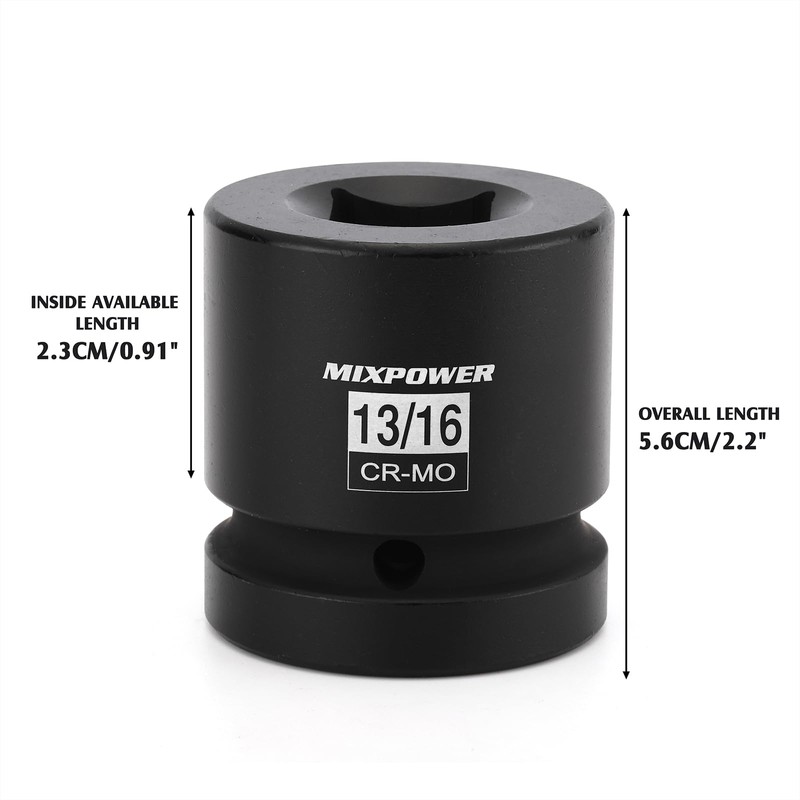 MIXPOWER 1"Drive 13/16" Square Socket, CR-MO, 4-Point, SAE, Black Phosphate